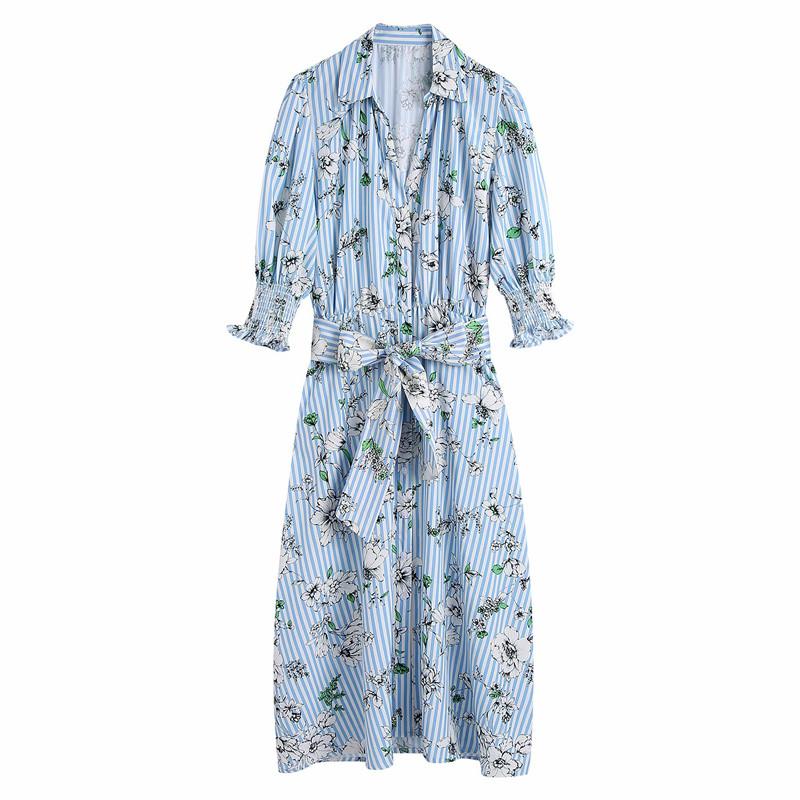 

Sweet Women V Neck Bow Lace Dress 2021 Spring-autumn Fashion Ladies College Style Cute Printted Shirt Casual Dresses, Blue