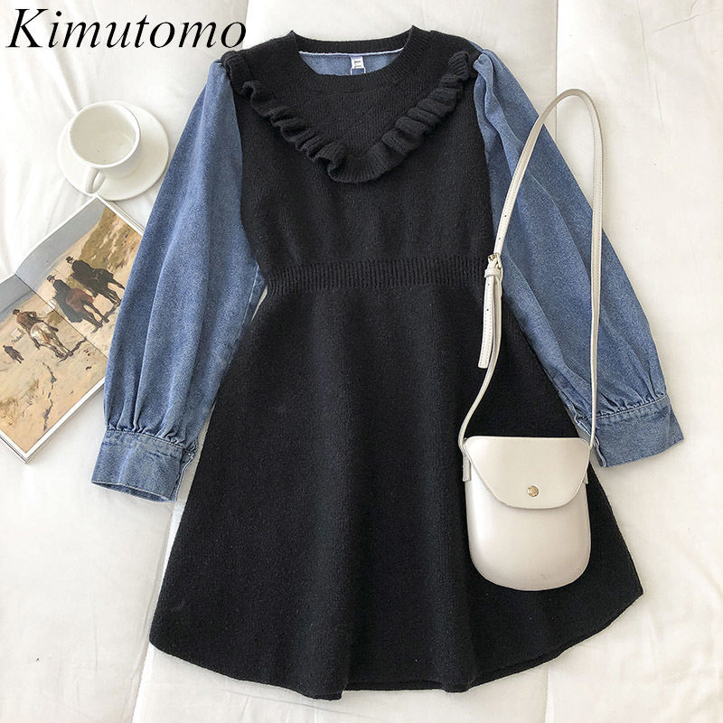 

Kimutomo Vintage Denim Stitching Knitted Dresses Women French Style Spring Ladies O-neck Fungus Slim Long Sleeve Dress 210521, Black
