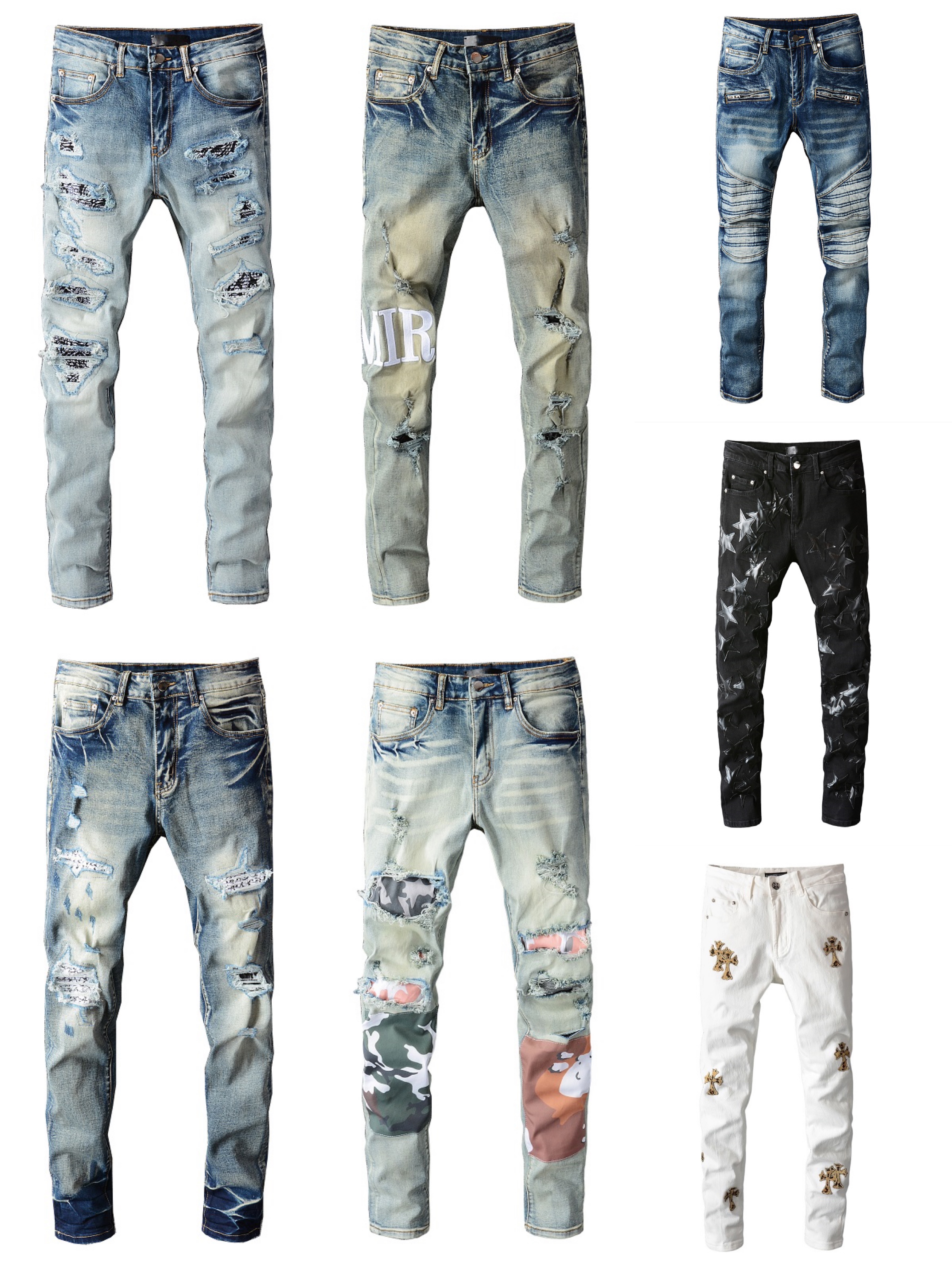 

Ripped Holes Famous Jeans Clothing Designer Pants Light Color Casual Man Denim Straight Biker Hip Hop Stretch Mens Jean, Blue