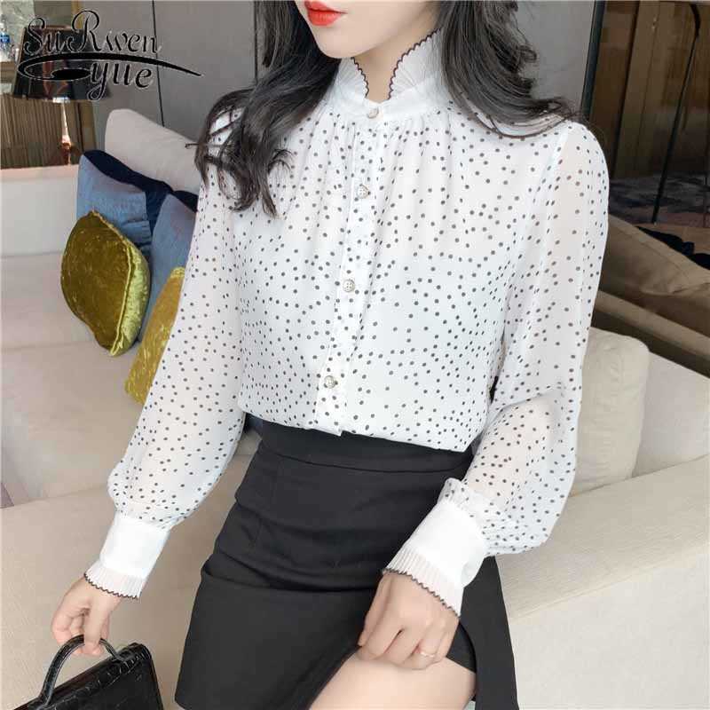 

Vintage Shirt Polka Dot Shirts Women Autumn Long Sleeve Chiffon Woman' Blouses Stand-Collar Korean Cardigan Blusas 10953 210527, White