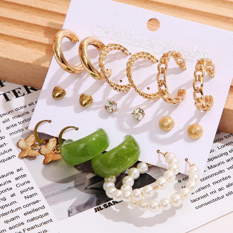

Dangle & Chandelier Vintage Pearl Butterfly Leopard Earring Set Green Resin For Women Girls Heart Hoop Earrings Elegant Wedding Party Jewell