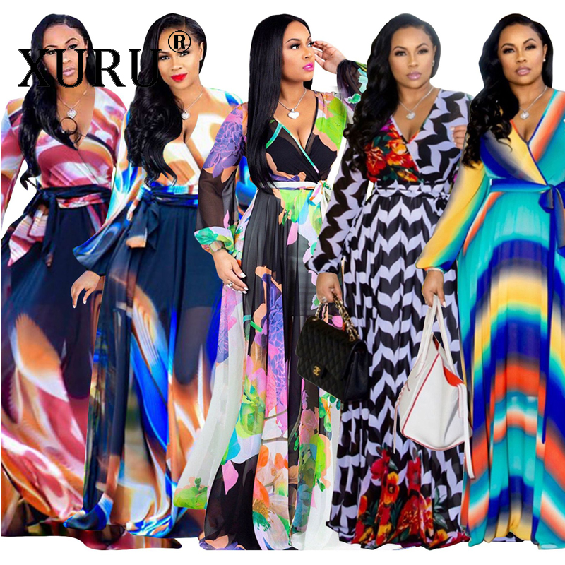 

XURU new chiffon print plus size dress -5XL women long sleeve dress V-neck casual loose dress Sexy woman, 3302