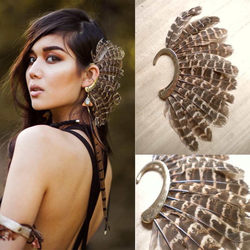 

Africa Unique 1Pc(Left)Unisex Big Feather Ear Cuff Non Piercing Gold Clip On Earrings For Women/Men