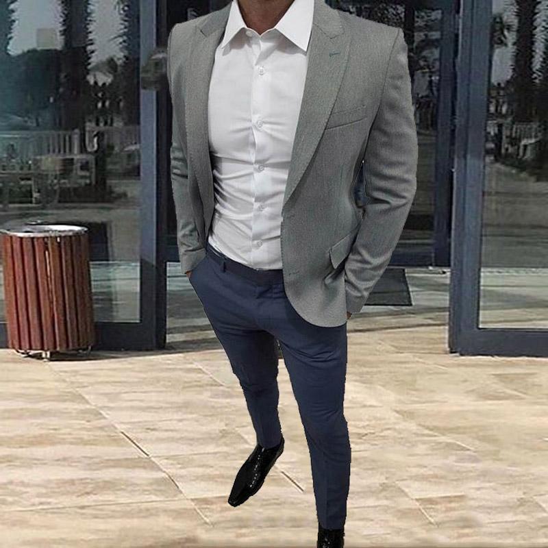 

Men's Suits & Blazers 2021 Men Grey Peaked Lapel Blazer Navy Blue Pants Casual Suit Slim Fit Male Jackets For Wedding Prom Street Terno 2 Pi, Multi
