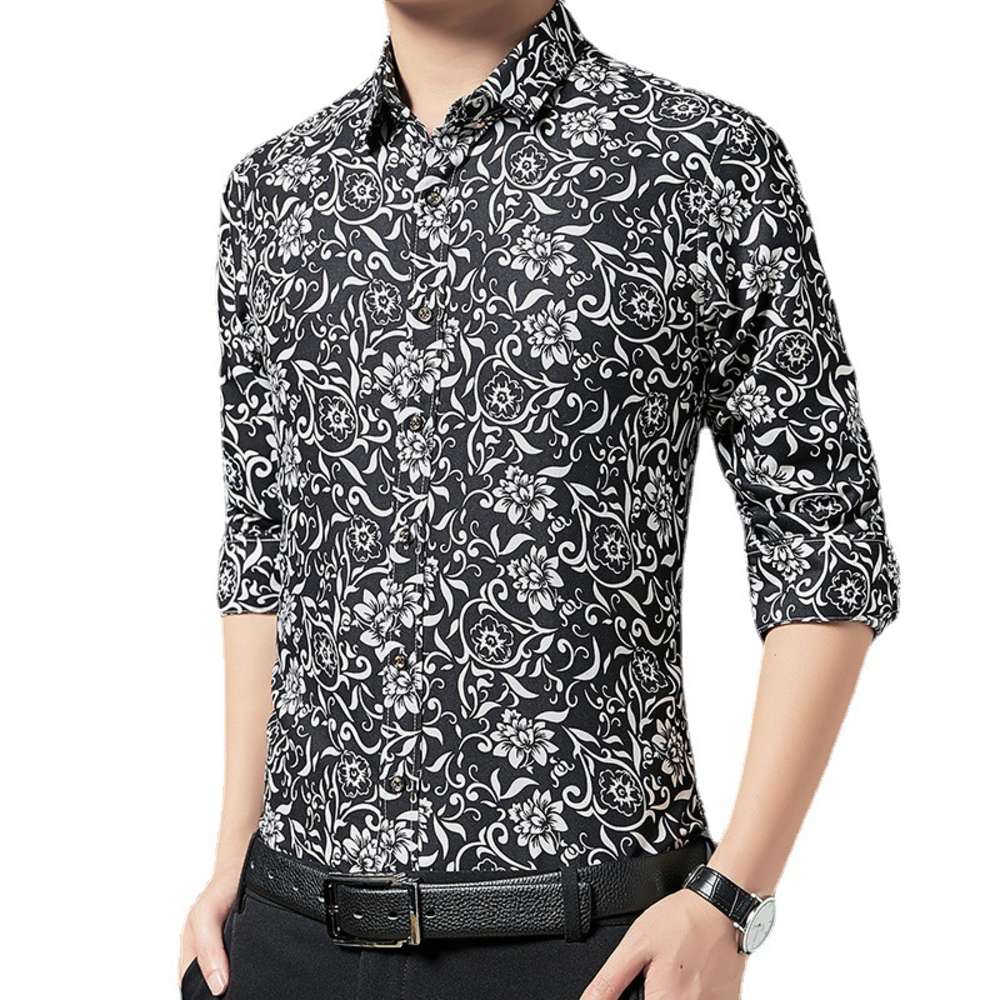 

shitr spring and summer men's long sleeve floral casual wear QNJ6, White;black