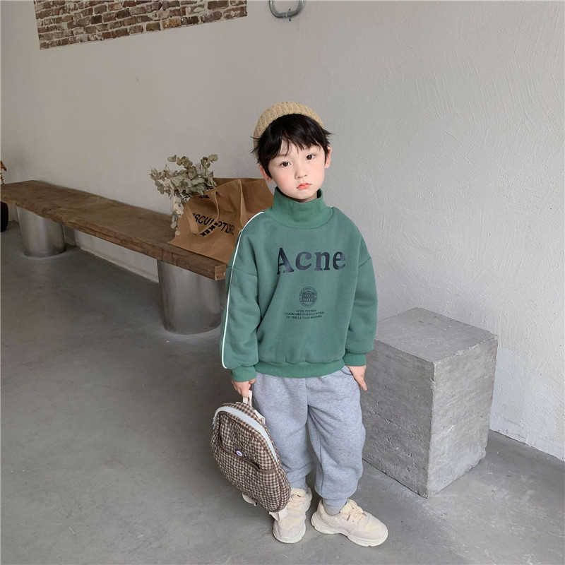 

Korean style baby boys double layer letter sweatshirt autumn winter fashion loose kids turtleneck warm pullover 210615, Green