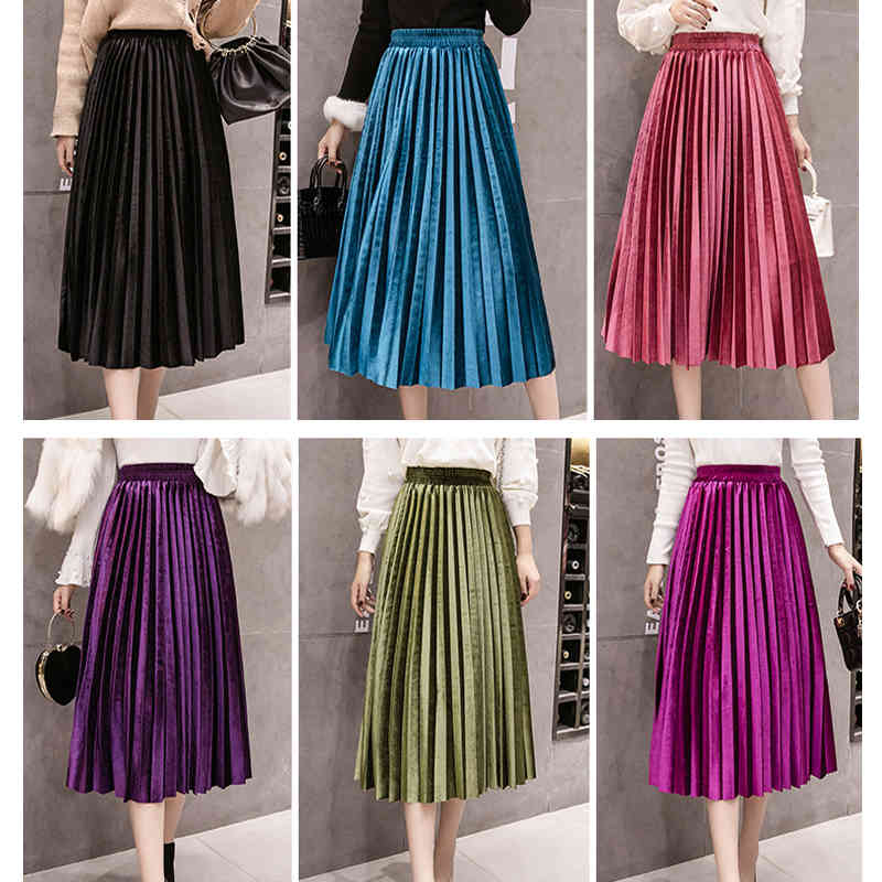 

Casual Dresses Autumn Metallic Thick Velvet Pleated Calf Long Skirt Pleuche Lined Winter A-line Drape Swing Skirts Red Blue Green, Beige