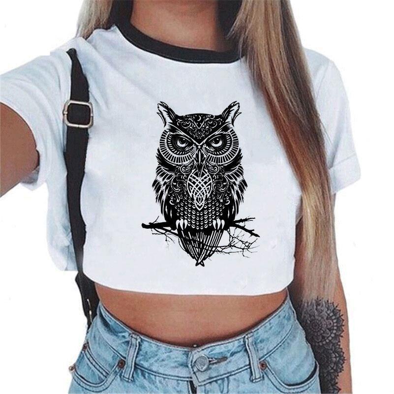 

women blouses crop shirt fashion owl 3d print short sleeve o neck white blouse