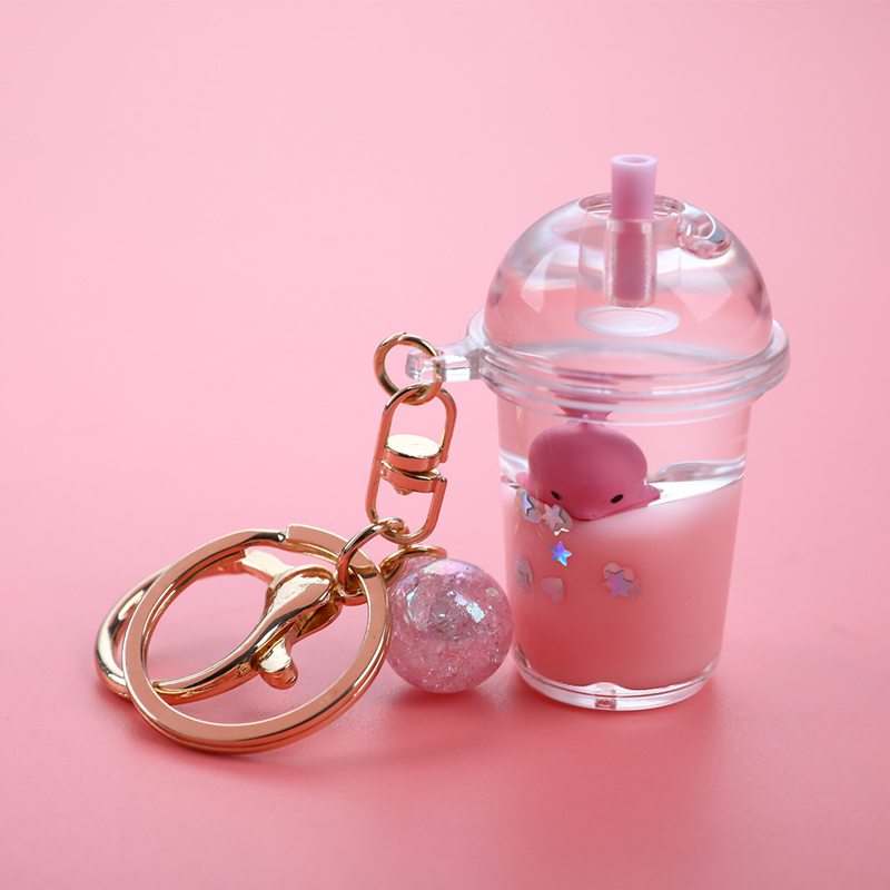

Cartoon Cute Cat Keychain Milk Tea Cup Liquid Quicksand Sequin Key Ring Charm Bag Car Pendant Key Chain for Women Men Kids