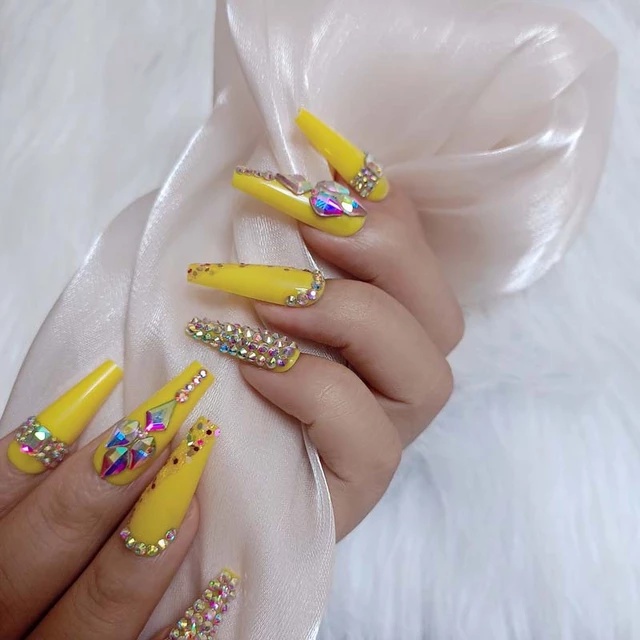

24pcs New design luxury jewelry long ballet coffin fake nails crystal diamond Lemon yellow, Customize