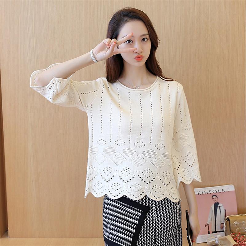 

Women's Sweaters Trumpet Sleeve Knitwear Head Loose Thin Sections Short Round Neck Hook Flower Cutout Sweater, Black
