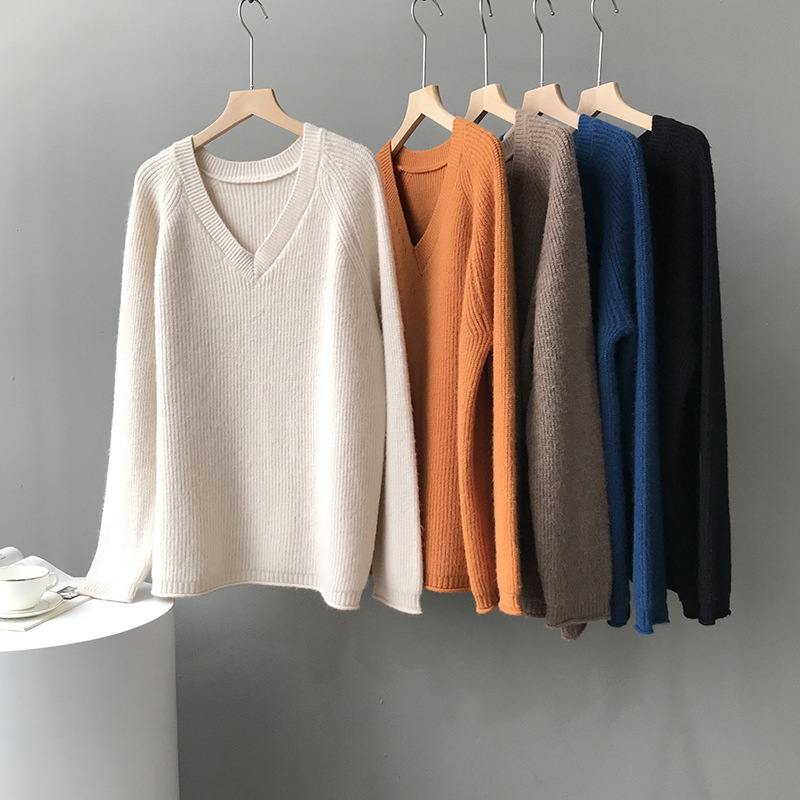 

Autumn Winter Women's Sweater V Neck Oversized Pullover Long Sleeved Lazy Wind Outer Wear Solid Color Casual Chic Top 210520, Beige