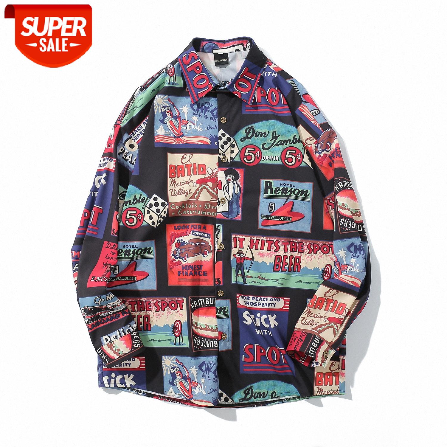 

Retro men's shirt American lazy hip-hop loose BF fun full print jacket #eY9V, White;black