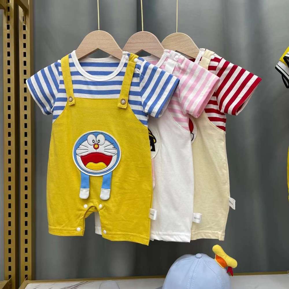 

Baby summer one-piece suit with short sleeves and suspenders, White