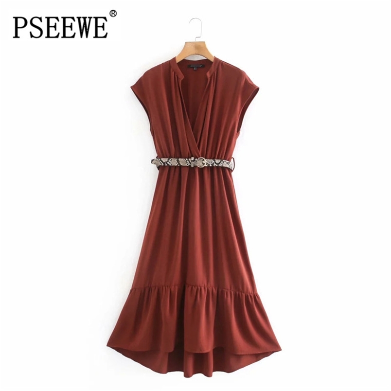 

Dress Women Fashion With Contrast Buckle Belt Midi Vintage V-neck Short Sleeves Ruffled Hem Mujer Elegant es 210519, Burgundy