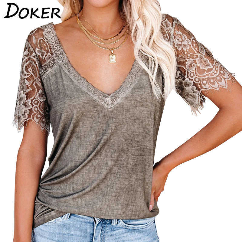 

Lace Patchwork Short Sleeve Deep V Neck Solid Color Women T Shirt Loose Casual Elegant Streetwear Female Tops 210604, Gray