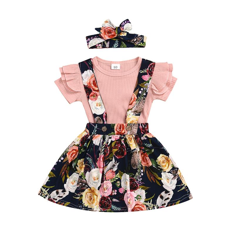 

Clothing Sets Baby Girl Clothes Set 2021 Summer Kids Pink T-Shirt Tops+Floral Suspender Skirts 3pcs Dress Outfit Casual, Ah1063pink