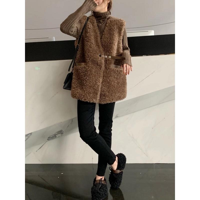 

Women's Fur & Faux Ptslan 2021 Natural Wool Outerwear Winter Fashion Good Quality CoatP7789, Beige