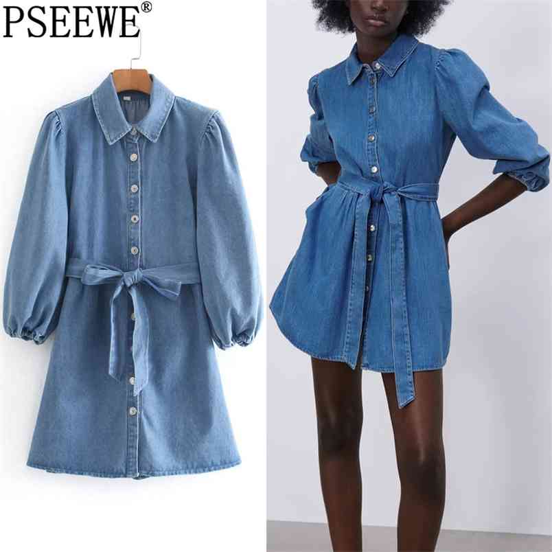 

Dress Women Blue Denim Short es Woman Summer Fashion Belt Puff Sleeve Mini Girl Vintage Casual es 210519