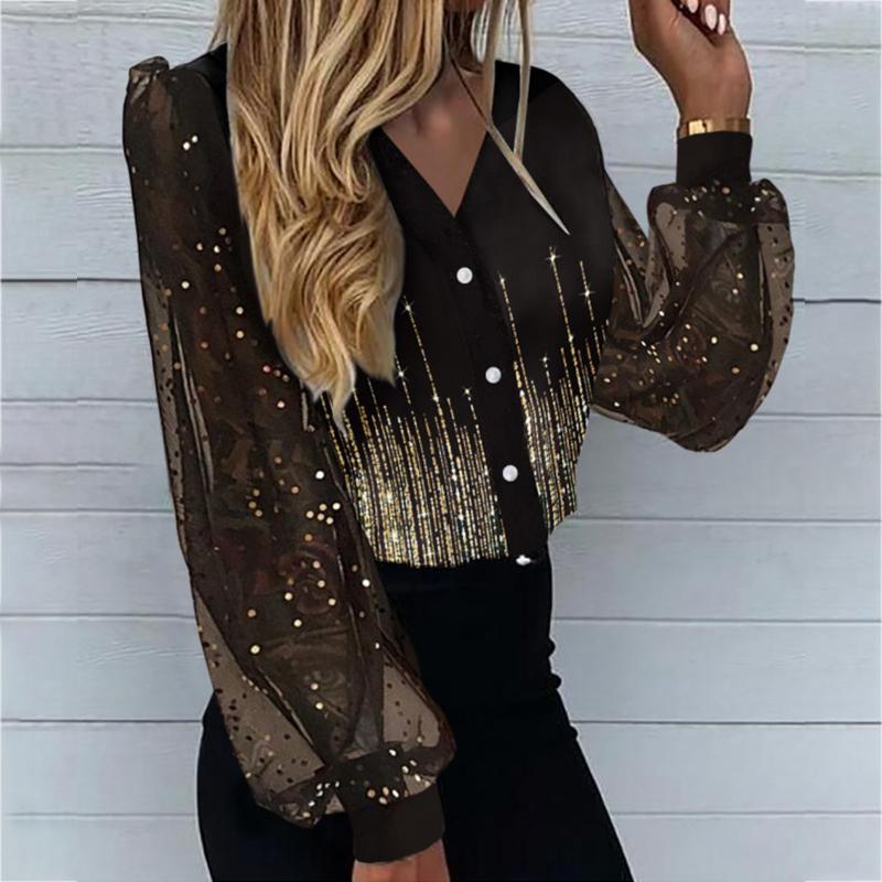 

Women' Blouses & Shirts Autumn Stripe Patchwork Party Shirt Women Casual Shiny Button Up Breasted Blouse V Neck Long Sleeve Chemise Tops Pu, 02 black