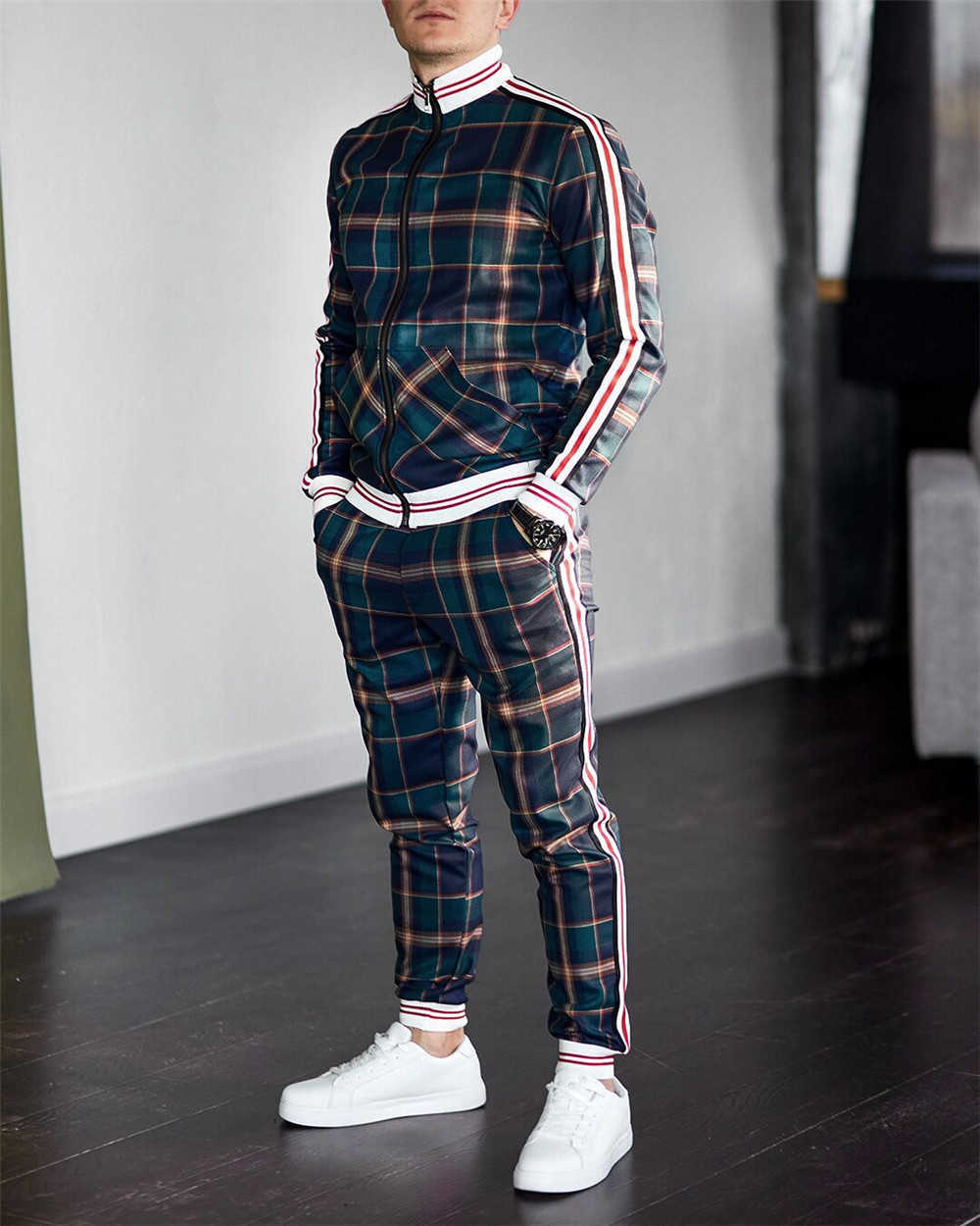 

men's tracksuit spring autumn fashion Plaid tracksuit casual two piece set men's sports suit men's clothing men sets X0601, Gray
