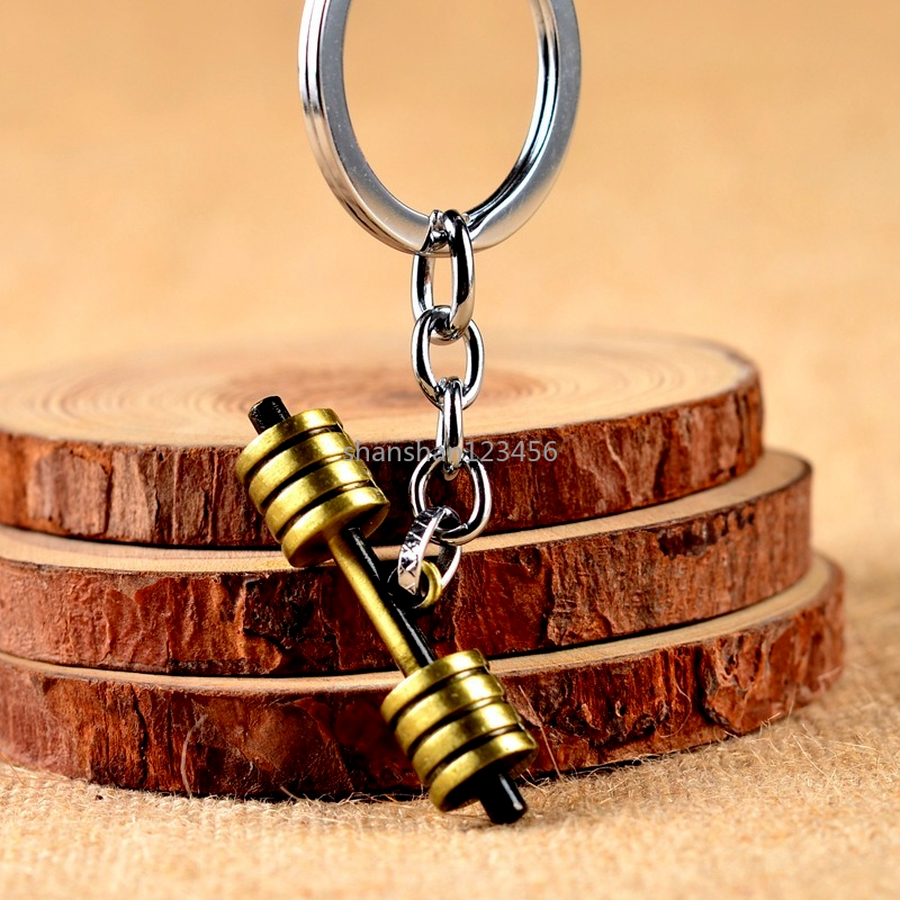 

Dumbbell Key Ring Metal Bronze Sport Bodybuilding Â keychain holder bag hangs women men fashion jewelry will and sandy, Slivery;golden