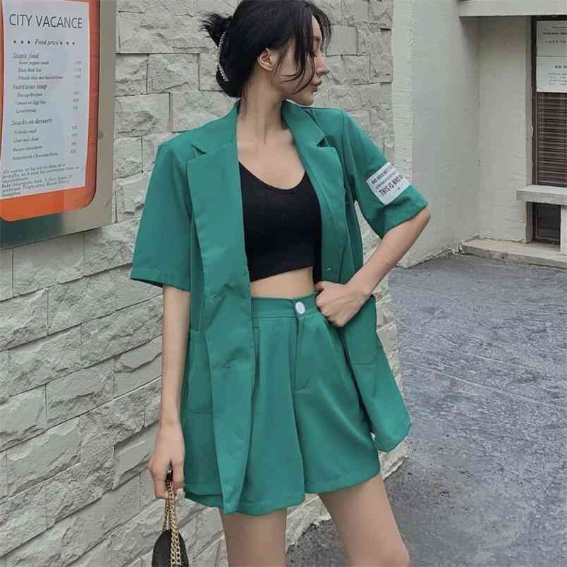 

Summer Elegant Pants Suit Solid Color Notched Collar Short Sleeve Blazer + Casual Shorts for Women Two-piece Sets Female 210519, Photo color