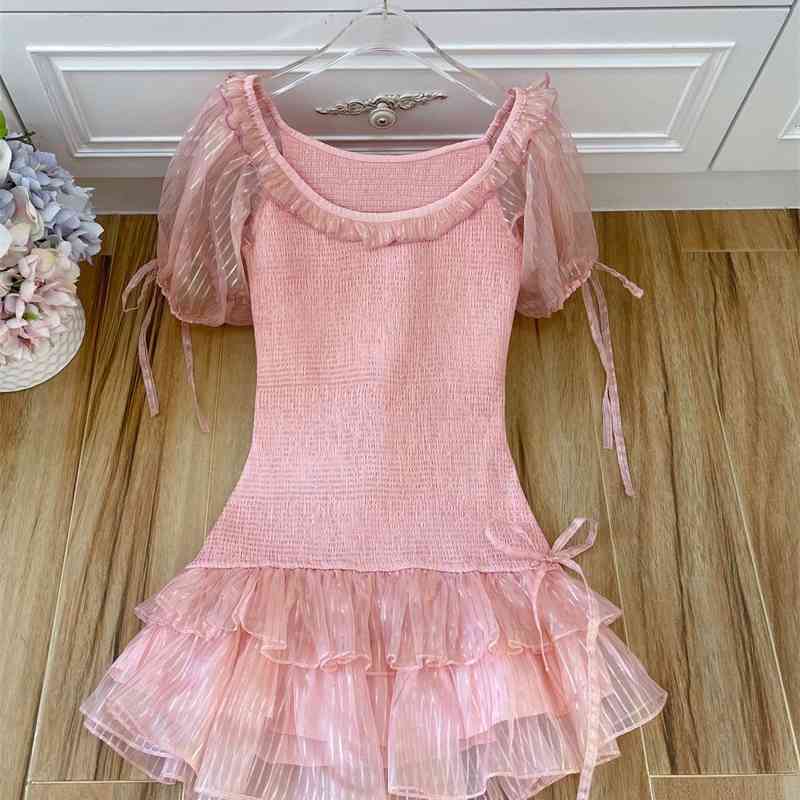 

Truevoker Summer Women European Runway Sweet Party Dress Lady Festa Vestido Short Sleeve Cute Pink Sheath Bodycon Cake Prom Robe 210602
