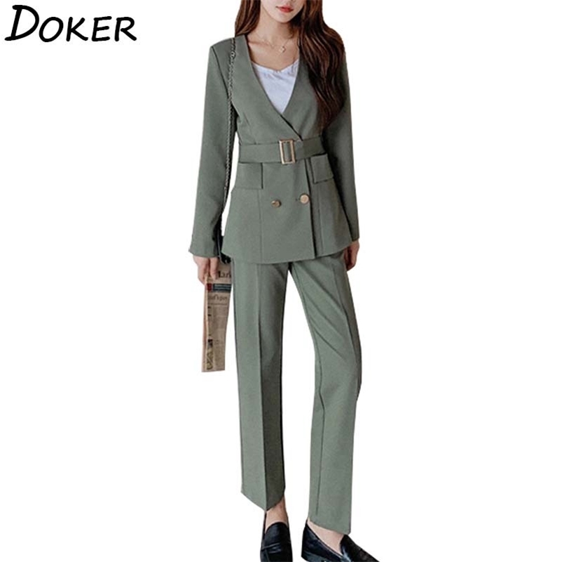 

Autumn Winter Blazer Set Womens Fashion Double Breasted With Belt Business Suits Lady Office Wear And Pants For Women 210604, Black