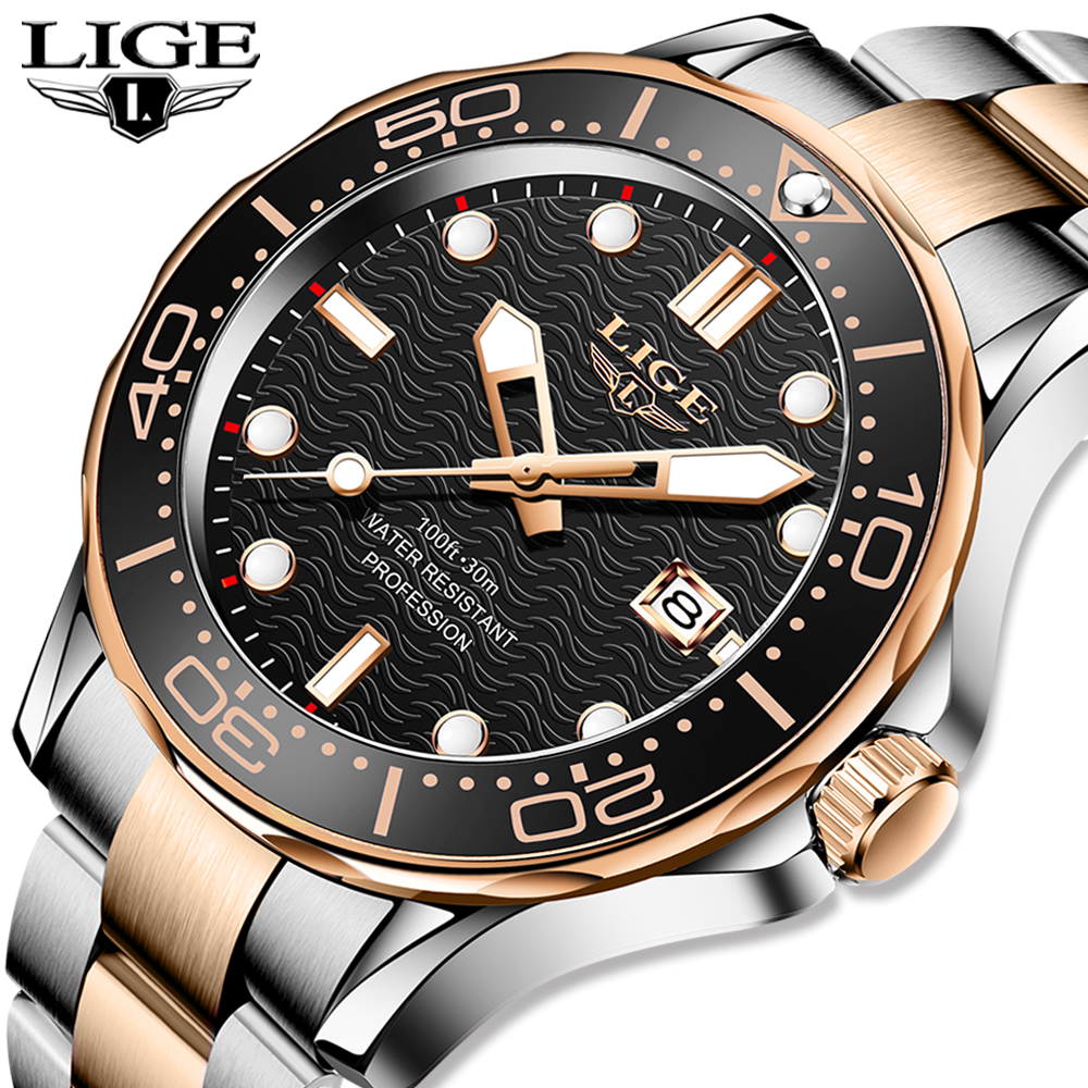 

2021 Sport Wristwatch For Man LIGE Top Brand Stainless Steel Waterproof Clocks Men Watch Military Quartz WristWatch Montre Hommeg, Rose gold blue