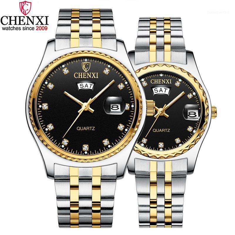 

Wristwatches CHENXI Top Brand Couple Watches Pair Men And Women Stainless Steel Watch Silver Gold Rhinestone Dial Lover Gift To His Her, Cx0637pair-gold