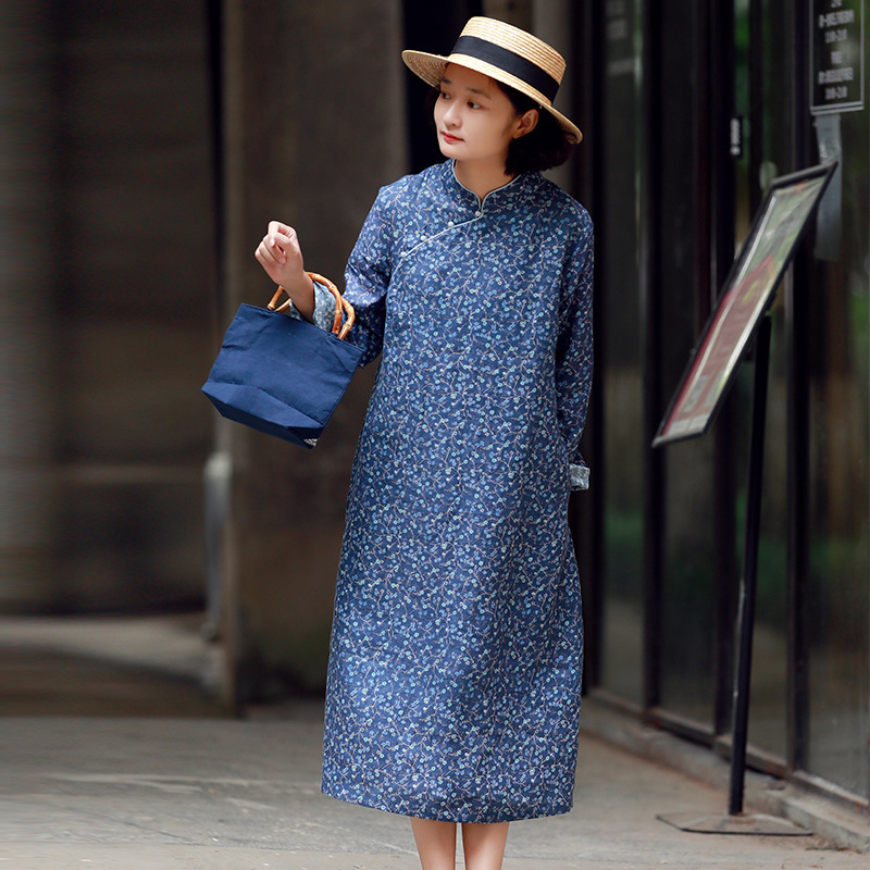 

Johnature Autumn Retro Print Stand Button Long Sleeve Dresses Loose Comfortable Plus Size Women Fashion Pullover Dress 210521, Blue