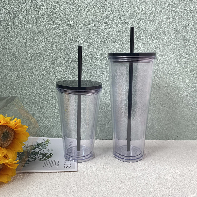 

500ml Clear Plastic Water Tumblers with Black Straw Flat Lid Double Walled Reusable 17oz Transparent Acrylic Cups DIY 16 oz. Classic Drinking Coffee Mugs Custom Logo