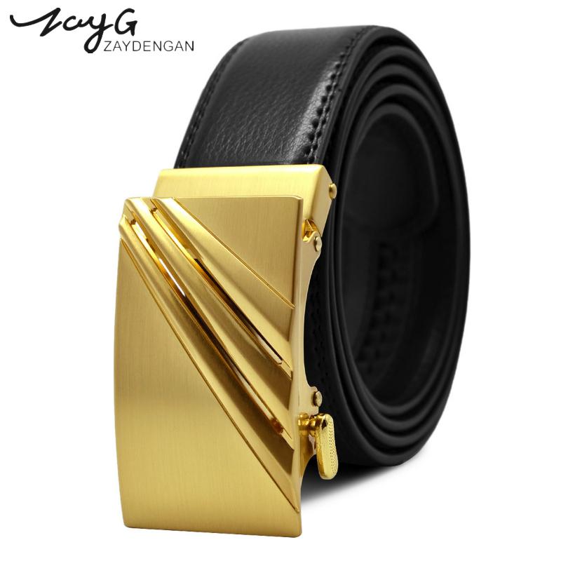 

Men Business Style Gold Steel Buckle Belt Unique Leather Strap Sliding Ratchet Alloy Automatic Top Quality Belts, As pic