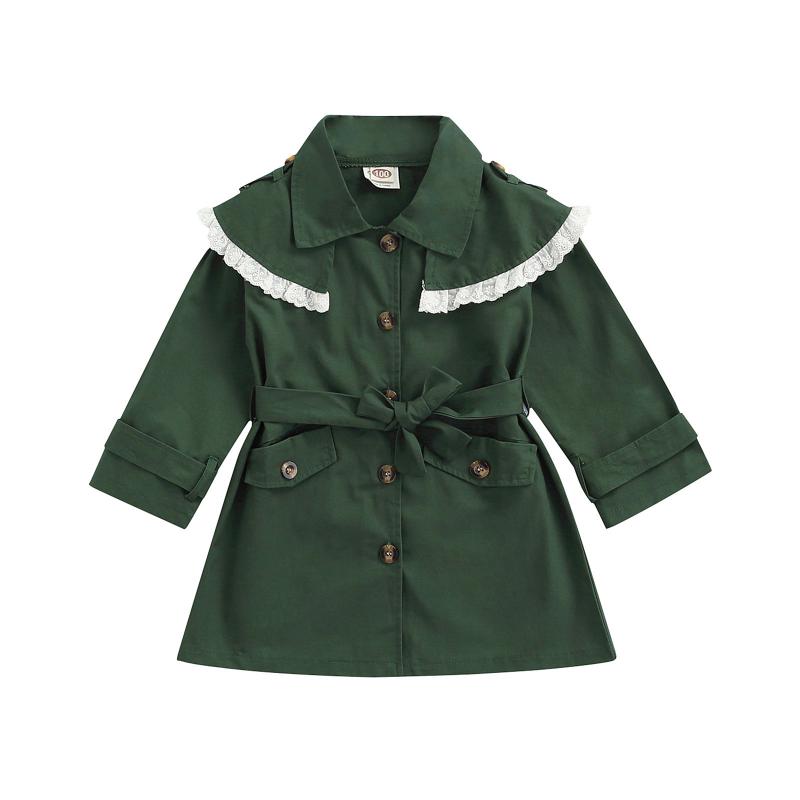 

Jackets Infant Kids Baby Girls Casual Trench Coat With Waistband, Dark Green Single-breasted Lace Hem Collared Long Jacket, 2-7 Years, Blue;gray