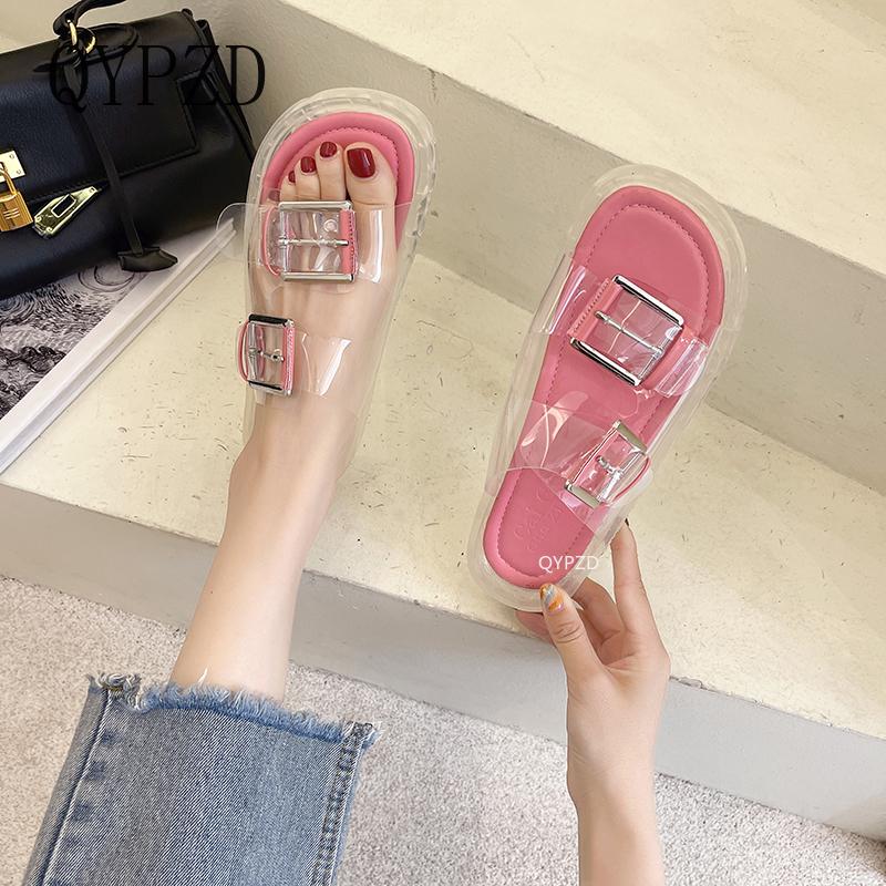 

Slippers Women 2021 Summer Outdoor Beach Shoes Fashion Sandals Casual Chunky Transparent Soft Sole Flats Buckle Flip Flops, Mibai