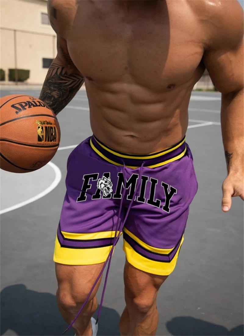 

Men's Shorts Basketball Game Training Running Casual Loose Quick-Drying Five-Point Pants Summer Sports Fitness Short Pant, Purple with yellow