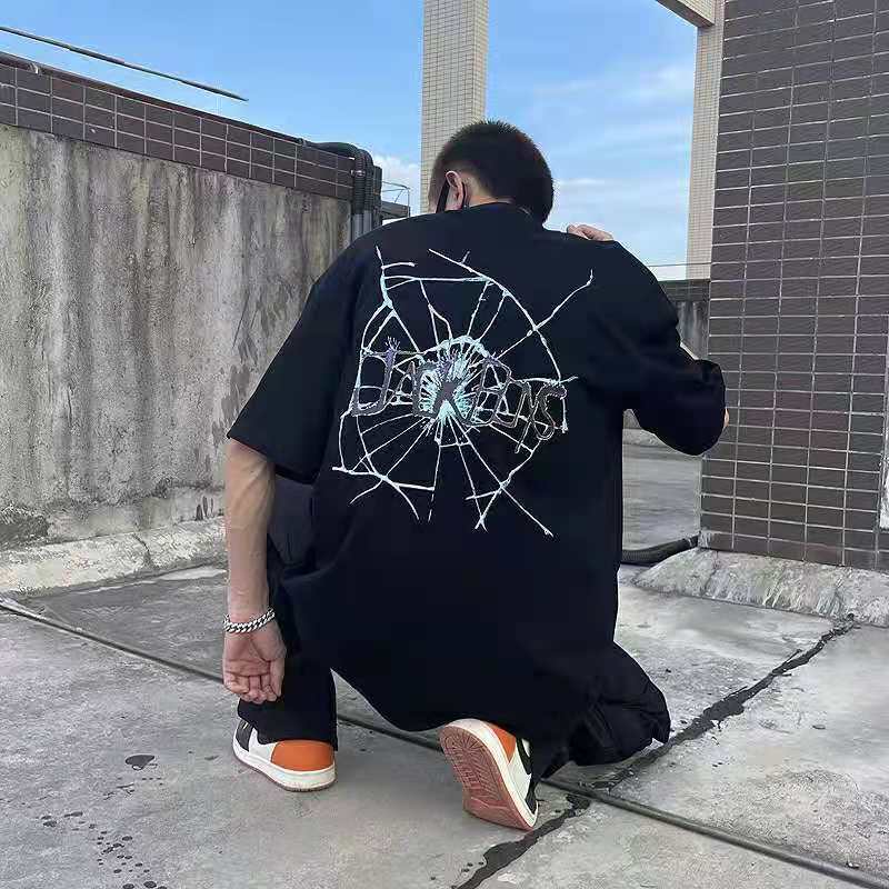 

Travis Scott Broken Crack Tops Cactus Jack Boys Tide brand Loose Short Sleeve Round Neck Pure Cotton Design Oversized T-shirt for Men Women Couples Tees, Black