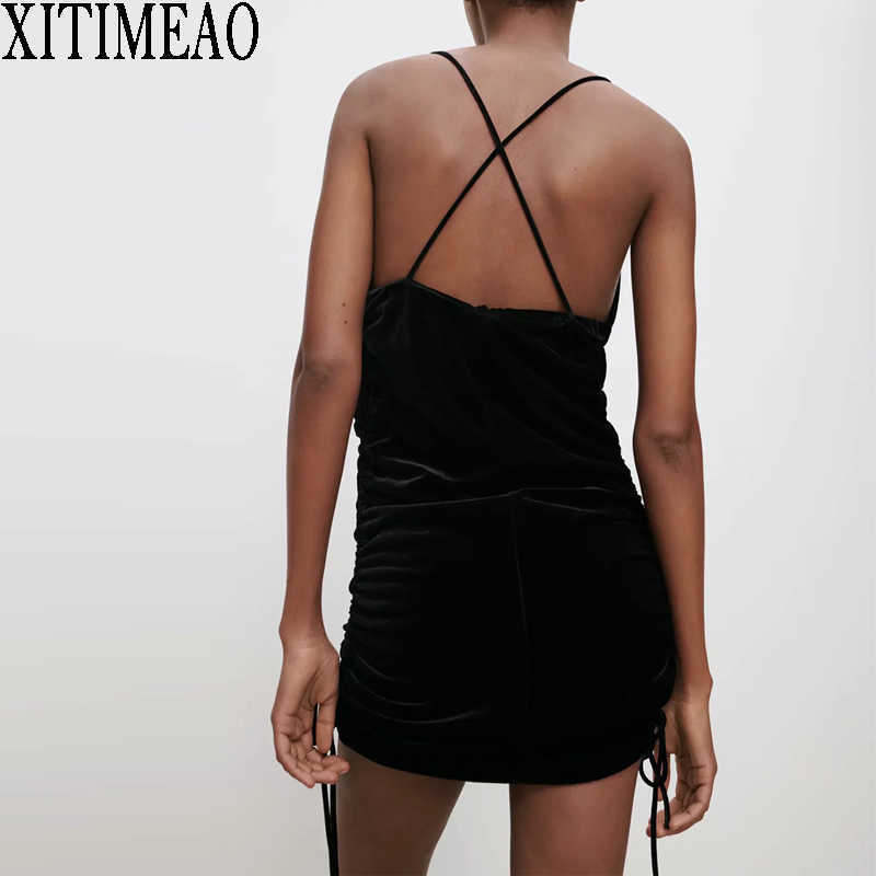 

ZA Sexy Backless Bandage Hollow Sling Dresses For Women Summer Black Velvet Mini Dress Female Club Party 210604