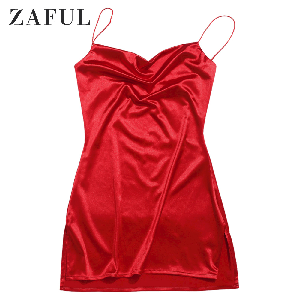 

ZAFUL Women Sexy Mini Dress Side Slit Satin A Line Spaghetti Strap Cami Dress Sleeveless Party Dress For Night Club, Black