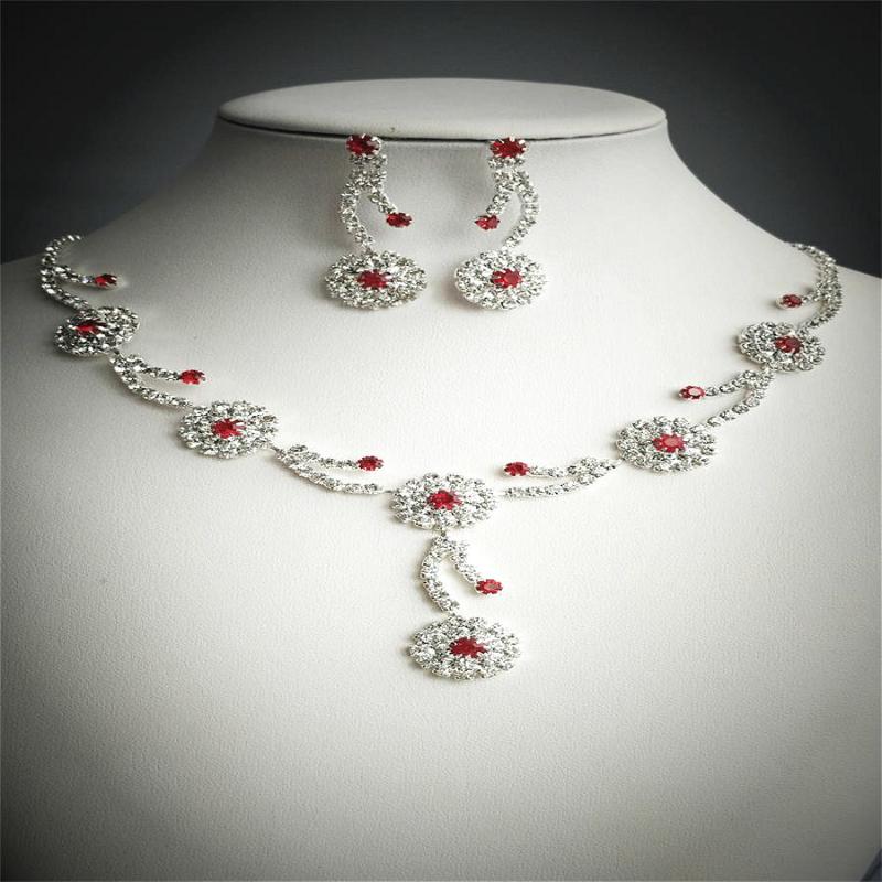

Earrings & Necklace Fashion Trend Luxury Wedding Crystal Earring Set Ladies High-End Hip Hop Red Zircon Pendant Top Jewelry Gift, Silver