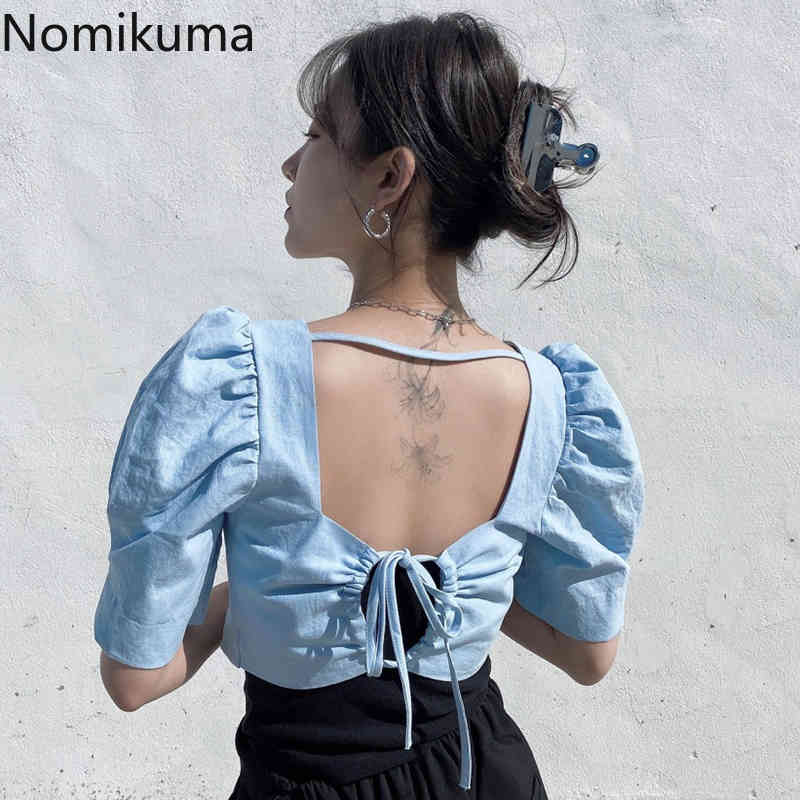 Nomikuma Sexy Back Bow Tie Hollow-out Blouse Shirt Puff Sleeve Square Collar Womens Tops Summer Korean Chic Short Blusas 6H313 210427
