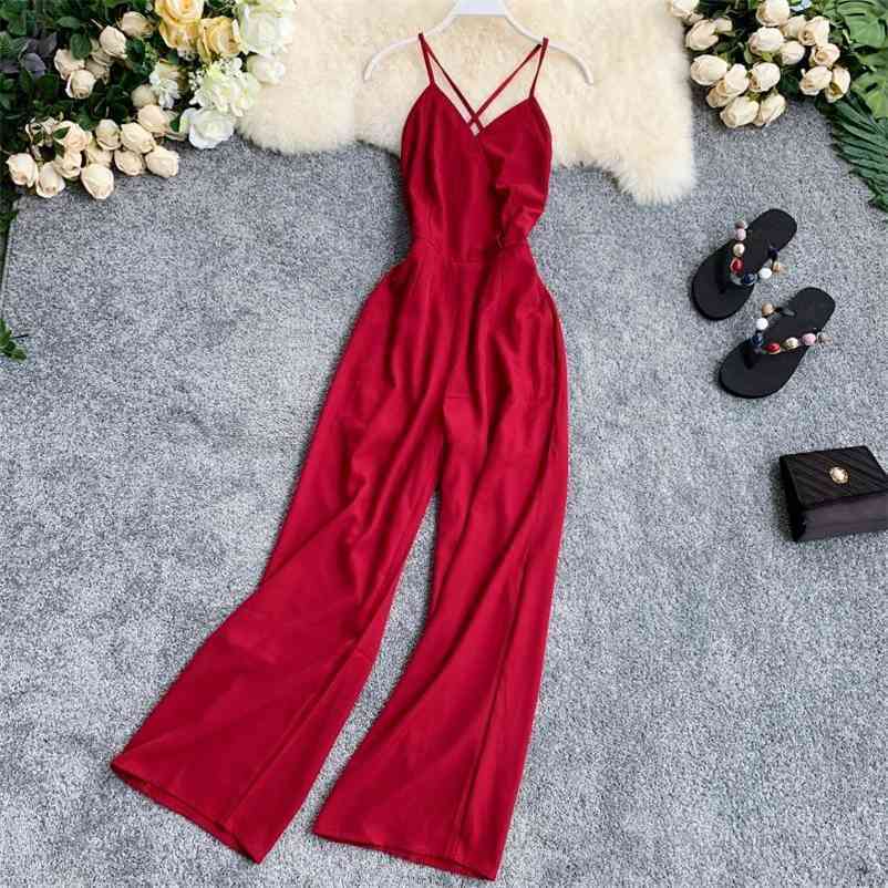 

Women Kombineson Summer Sexy Backless V-neck Bandage Jumpsuits Ladies Elegant Slim Straight Pants Romper Beach Overalls 210602, Red