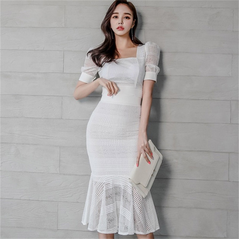 

Women Summer Two Piece Set Fashion Lace Hollow out Square Collar Puff Sleeve Short Tops + High Waist Bodycon Mermaid Skirts 210519, Photo color
