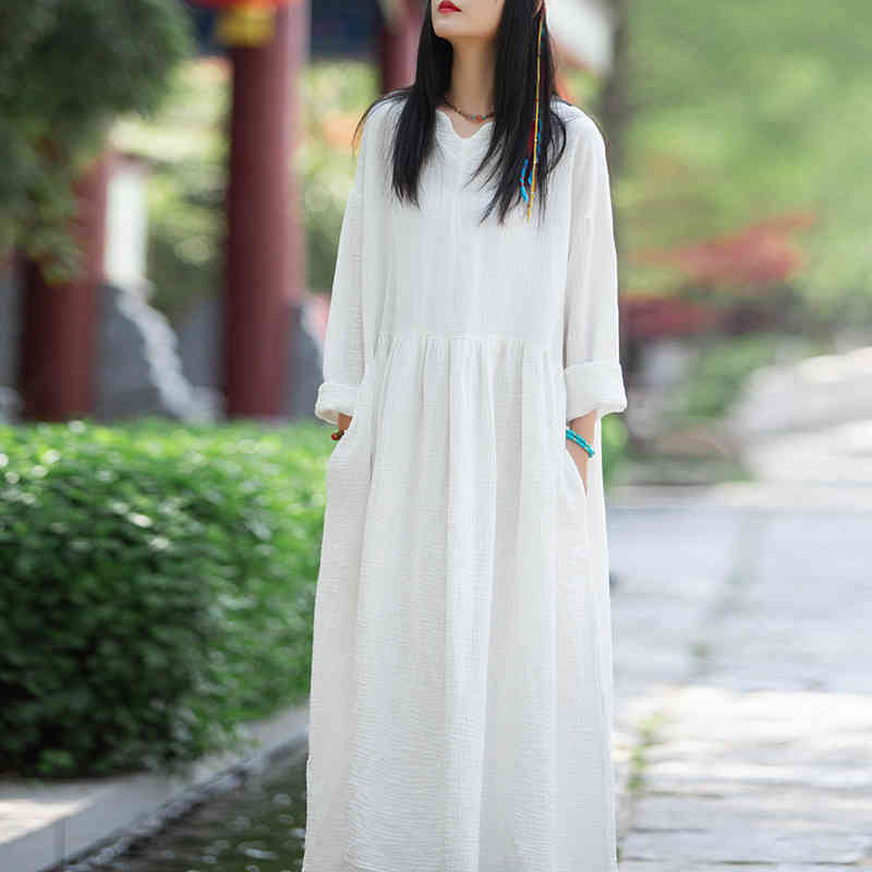 

Johnature Women Cotton Linen Vintage Dresses V-Neck Long Sleeve Robes Spring Solid Color Original Female Loose Dress 210521, Black