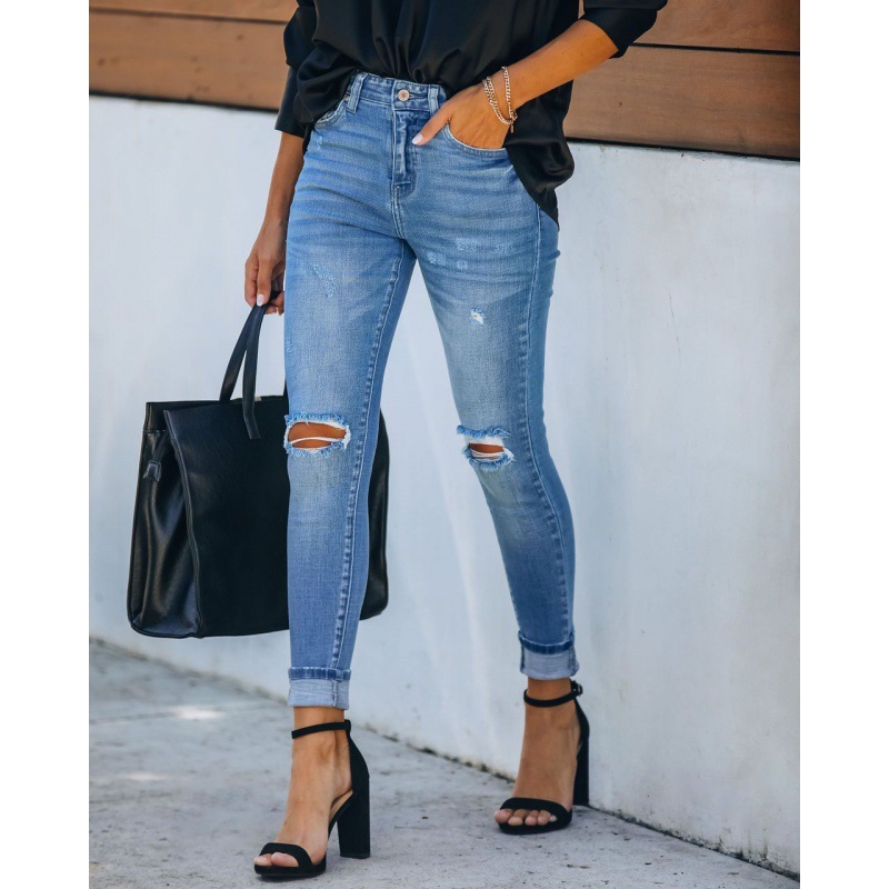 

jeans slim wash mid waist pants in autumn and winter of 2021, Blue