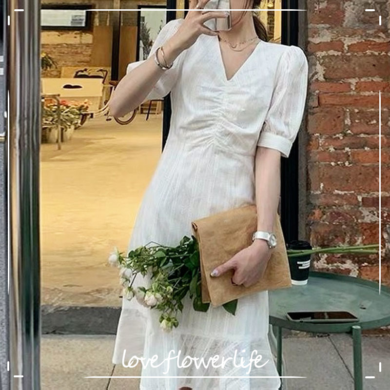 

Summer V-neck Elegant Vingate Dress Woemn Short Sleeve Slim Casual Dress Dress Korean Office Lady Chiffon Chic 210521, White