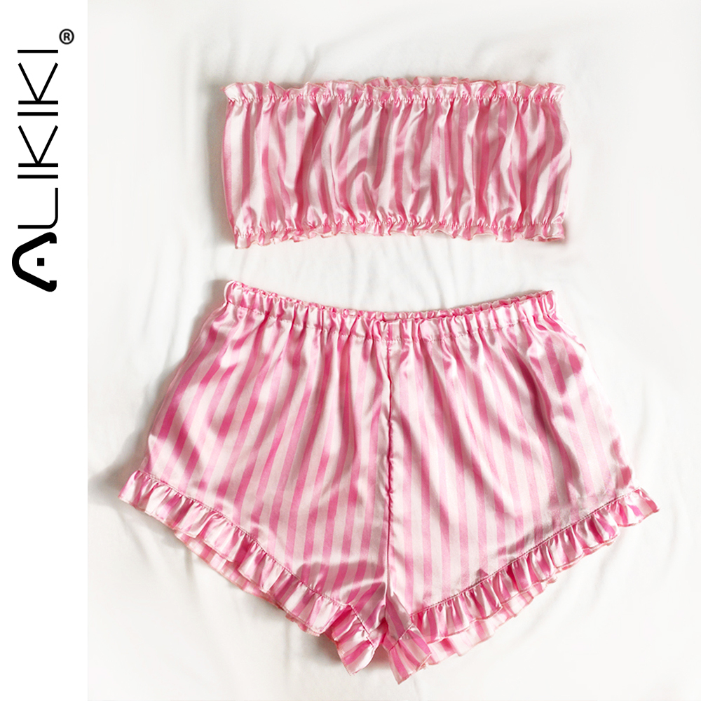 

Women 2pcs Pink Pajamas Tube Top Shorts Set Sleeveless Satin Silk Pajama Set Cute Sleepwear Ladies Pjs Home Suit Pj Para Mujer