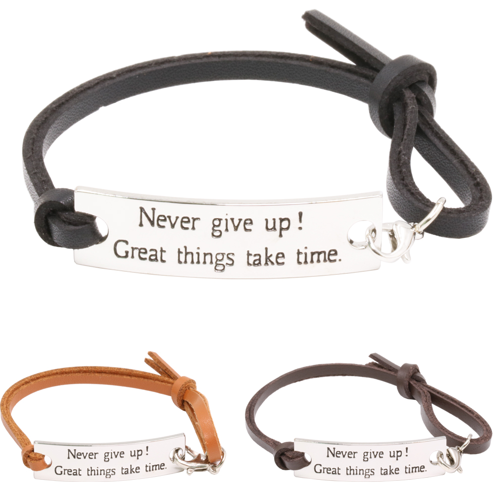 

Eosmer Adjustable Leather Inspirational Gifts For Students Girls Women Men Encouragement Bracelet Saying Never Give Up Great Things Take Tim, Golden;silver