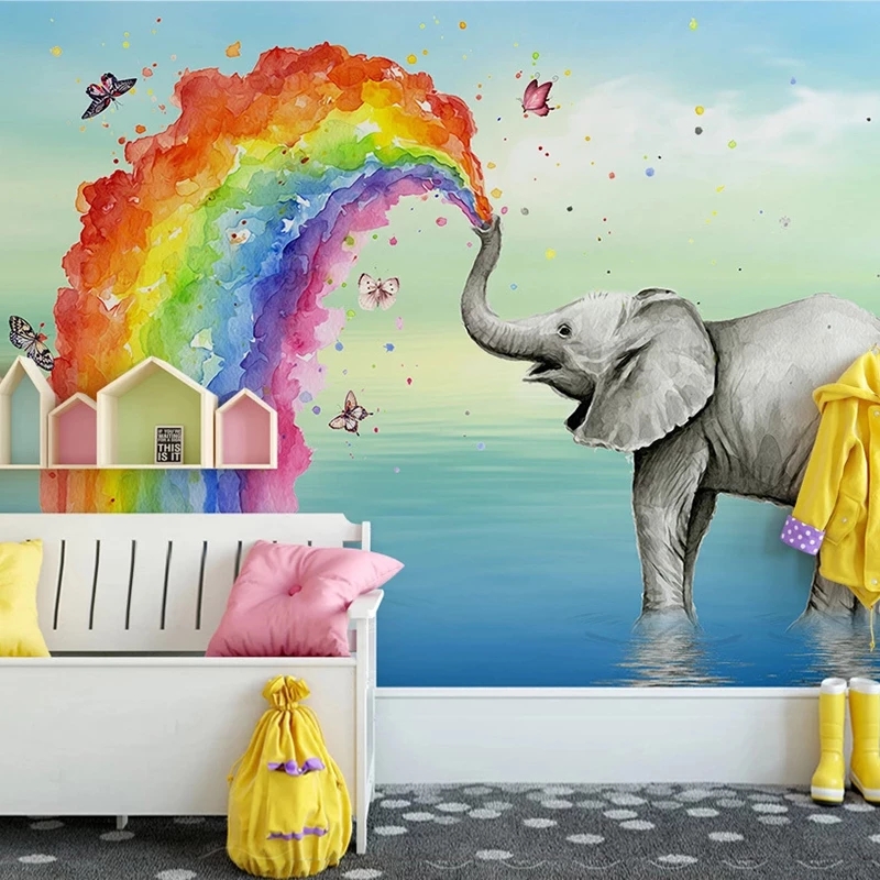 Custom Mural Wallpaper Animal Hand Painted Cartoon Elephant Wall Children Room Bedroom Decorat Waterproof-image-706631055